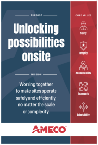 AMECO mission, purpose, and core values. Safety, Integrity, Accountability, Teamwork, Adaptability.